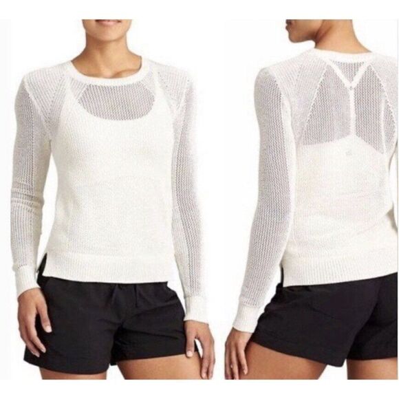 Athleta Mesh Open Knit Sweater Top‎ Textured Pullover Womens Size XS Blue - Picture 3 of 5